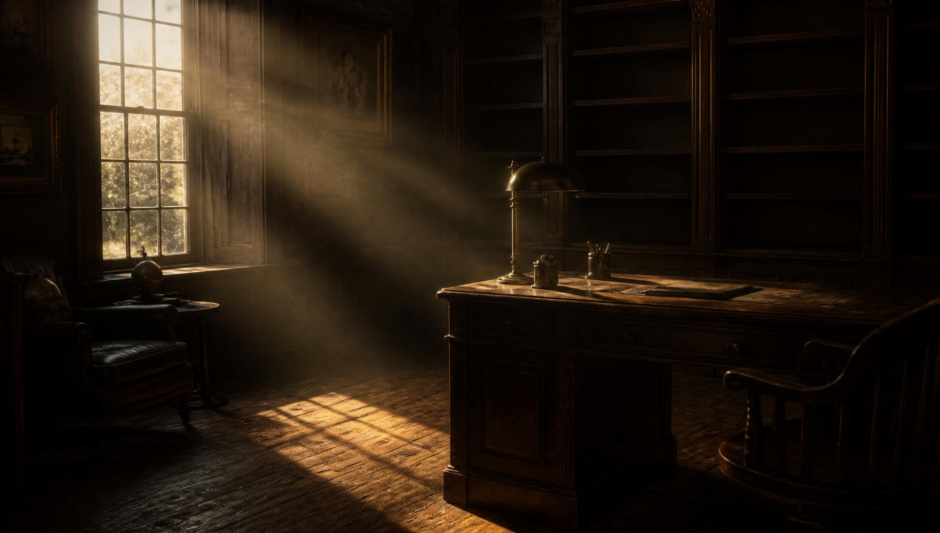 Morning light crossing the wood floor of a quiet, emptied study